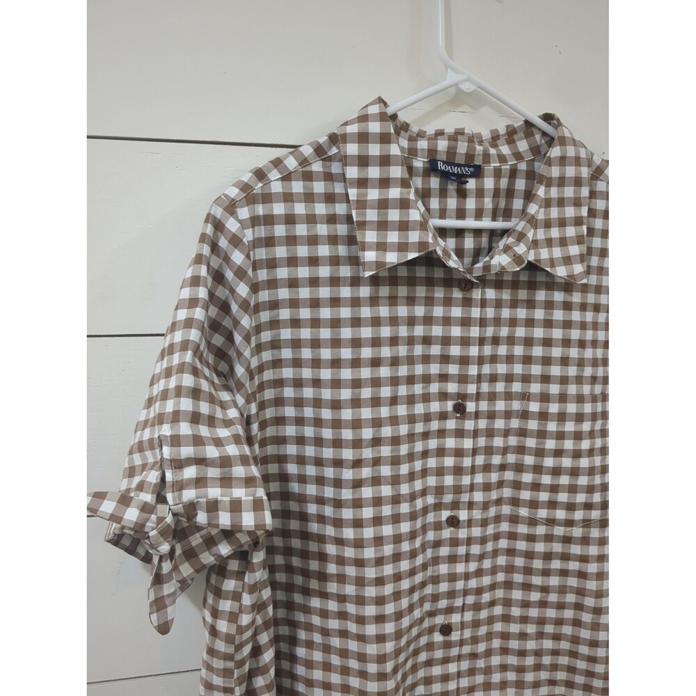 Roamans 24w Brown white gingham button down top tie sleeve detail summer cottage